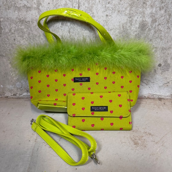 kate spade Handbags - Kate Spade Lime Green Heart Print Feather Trim Bag and Wallet Set Vintage Y2K